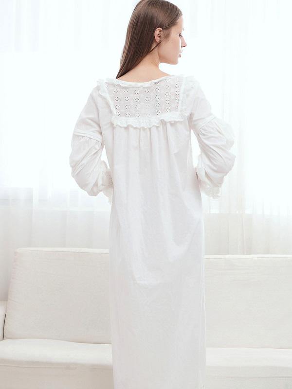 Women's Elegant Vintage Nightdress Cotton Long Sleeve Pyjamas Girls White Dress - CHALIER