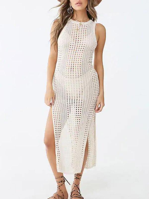 Women's Sexy Knitted Sleeveless Maxi Slit Dress Beach BikiniSmock Hollow Out Sun-proof - CHALIER