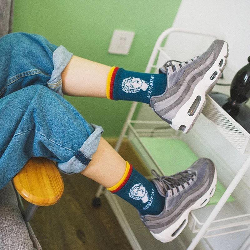 Chalier Men Casual Crew Cotton Cartoon Socks Soft Dark Blue Socks with Letters - CHALIER