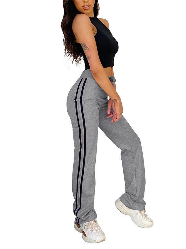 Women Casual Gray Loose Sweatpants Stripe Drawstring Straight Trousers - CHALIER