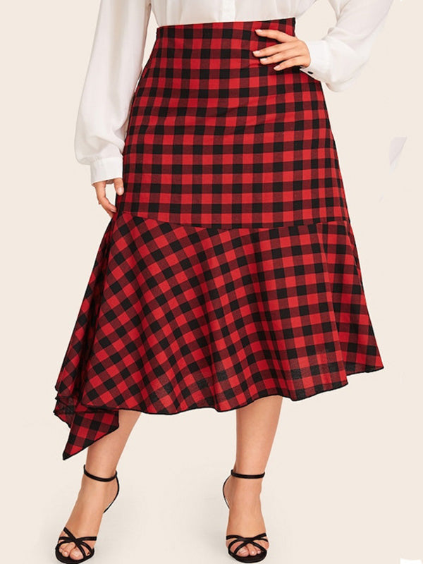 Women's Plus Size Asymmetrical Long Red Plaid Pattern Midi Skirt