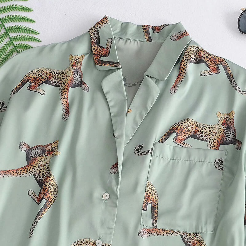 Women's Notch Collar Leopard Pattern Sleepwear Two Piece Pajama Set