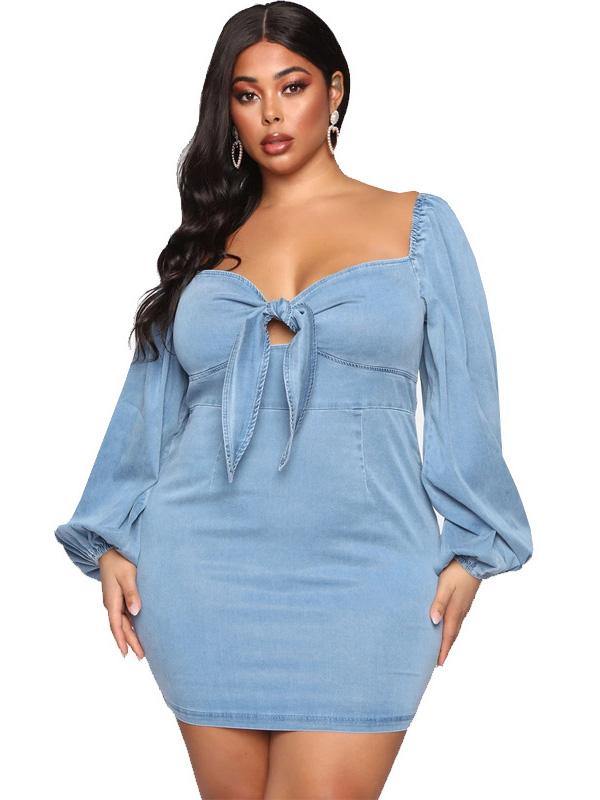 Plus Size Women's Sexy Denim Dress Low Cut Bowknot Mini Dress - CHALIER