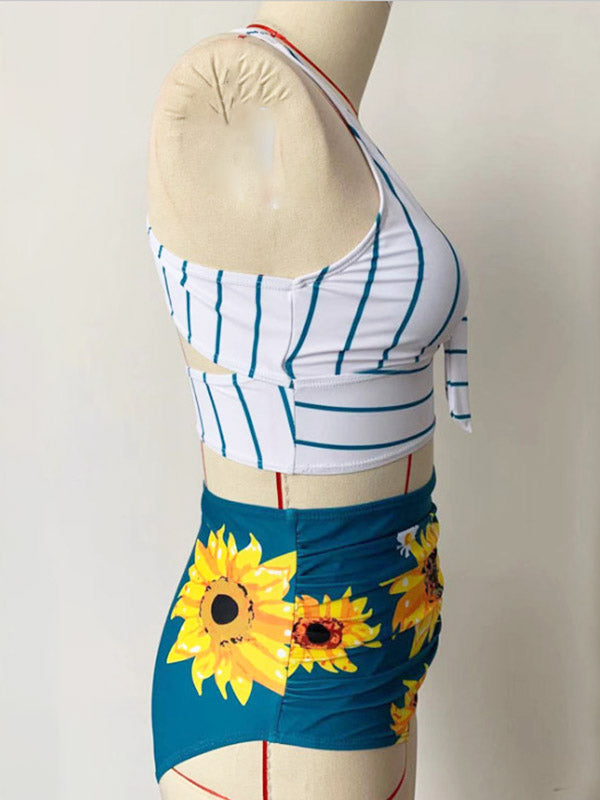 Women's Sunflower Prints Halter Bikini Two-Piece Swimsuits V-Neck