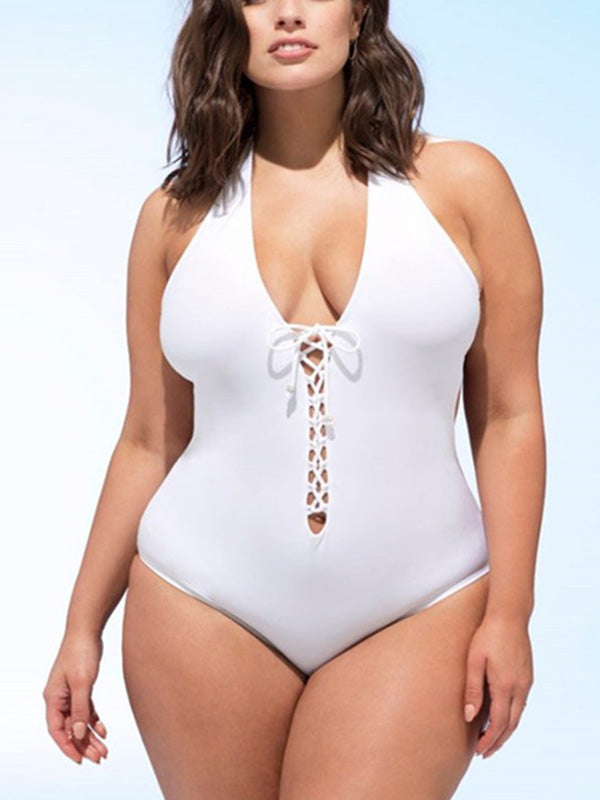 Women's Sexy Plus Size Halter Lace Up One-Piece Swimsuit