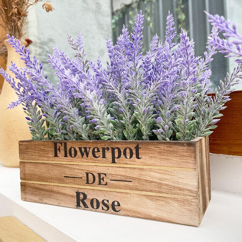 Artificial Flower Potted Lavender Plant Purple Silk Floral Arrangements for Home Office Decor with Wooden Tray - CHALIER