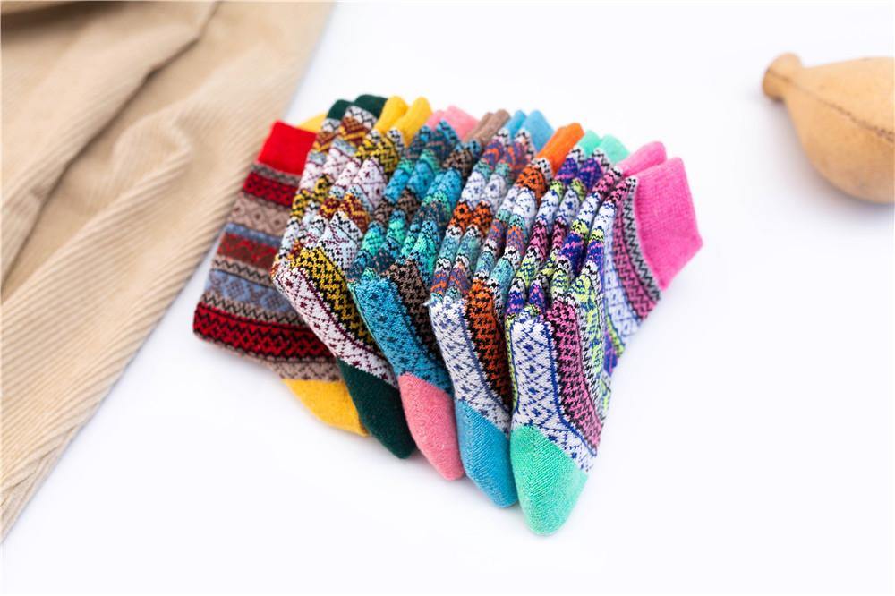 Womens Winter Wool Warm Vintage Stripe Socks 5 Pairs Set - CHALIER