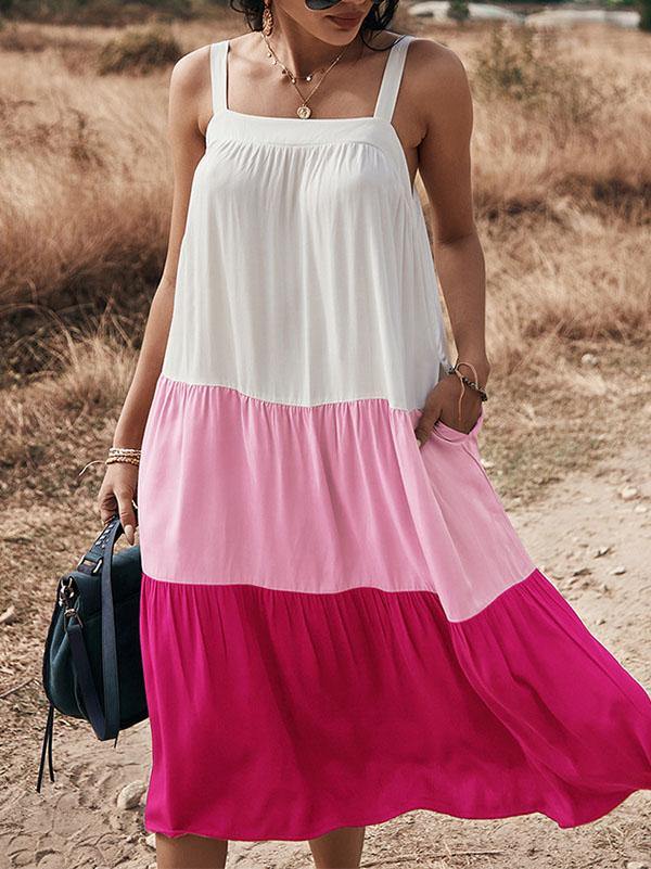 Women's Cotton Loose Halter Midi Sleeveless Dress ColorBlock Holiday with Big Swing - CHALIER