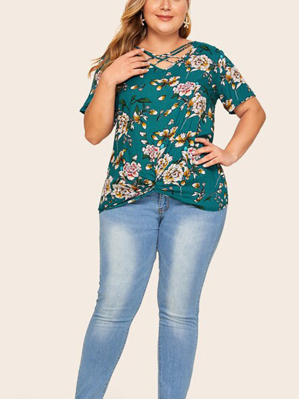 Women's Plus Size Floral Prints T-Shirt Loose Casual Tops Holiday