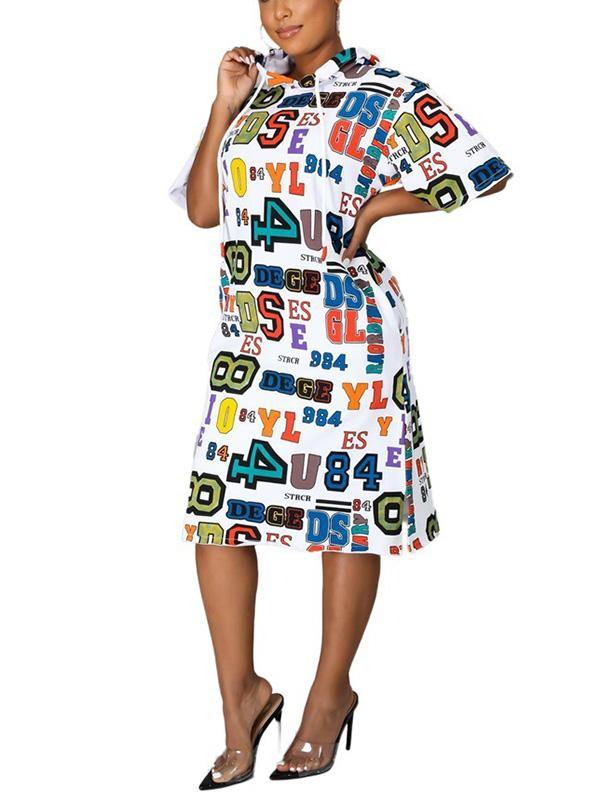 Women's Hooded Sweatshirt Midi Dress Loose Letters Prints Dress - CHALIER