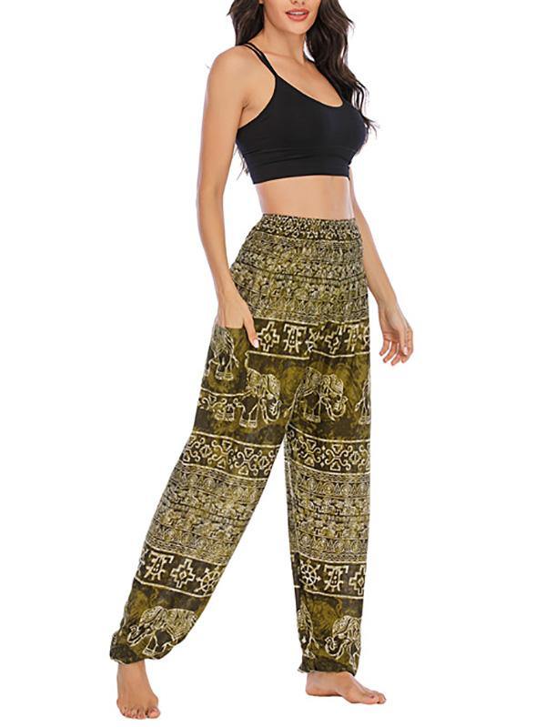Women's Casual Printed Long Soft Bloomer Pants High Waist Yoga - CHALIER