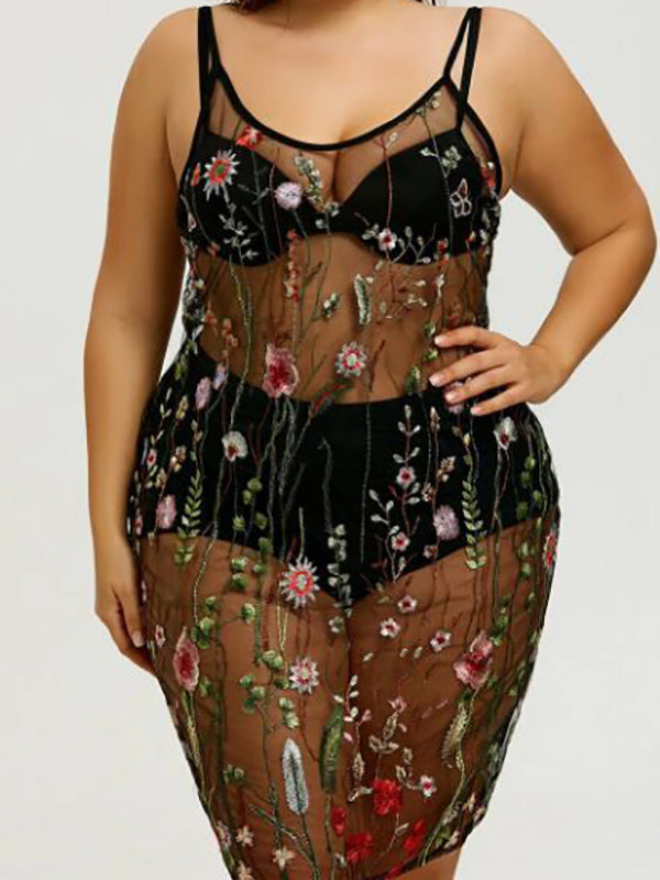 Women's Sexy Lace Plus Size Night Gown Transparent Lingerie Floral Print Sleep Midi Dress