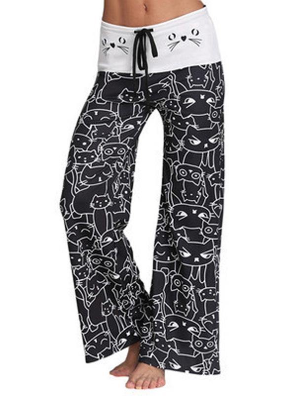 Women's Casual Loose Cartoon Cat Flared Pajamas Pants - CHALIER