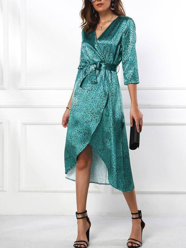 Women's Causual Smooth Floral Leopard Print Dress Long Sleeve - CHALIER