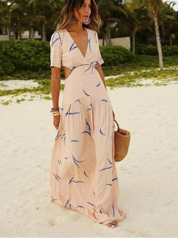 Women's Elegant Bohemian Printed  Apricot V-neck Beach Maxi Dress Summer - CHALIER
