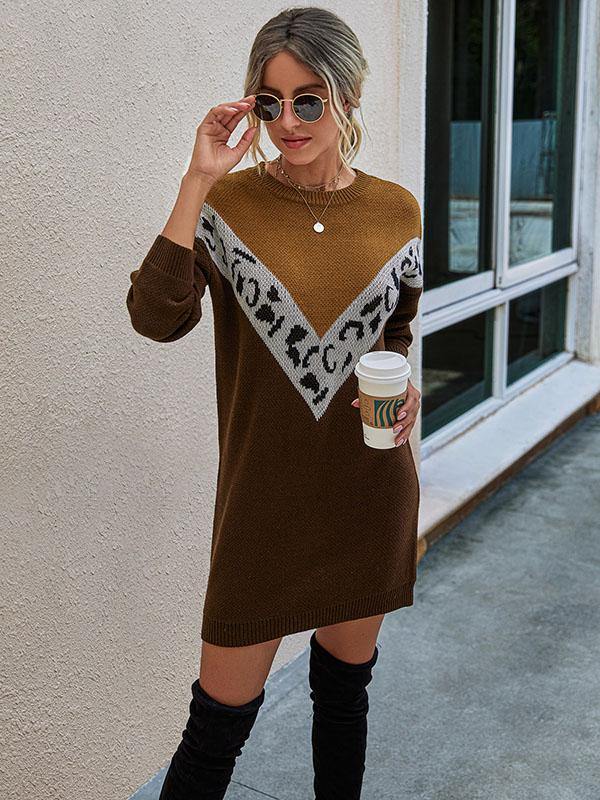 Women's Knitted Dress Leopard Print Round-Neck Long Sleeve Dress - CHALIER