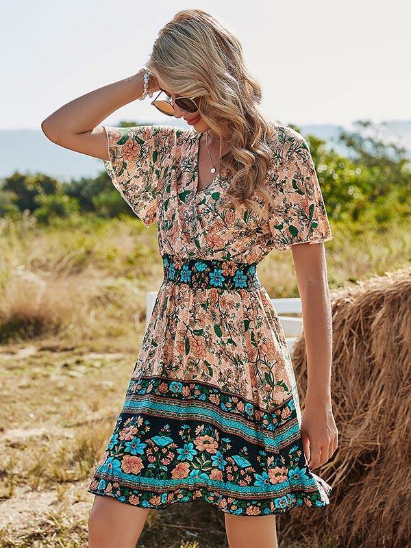 Women's Floral Dress High Waist V-neck Short-sleeved Bohemian Mini A-line Dress - CHALIER