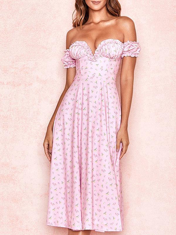Women's Floral Print Elegant Sexy V-Neck Off Shoulder Dress A-line Pink Split Skirt - CHALIER