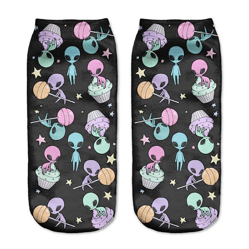 Women Low Cut Ankle Socks Funny Aliens 3D Printing  Cotton Cartoon Art Skull Sock - CHALIER