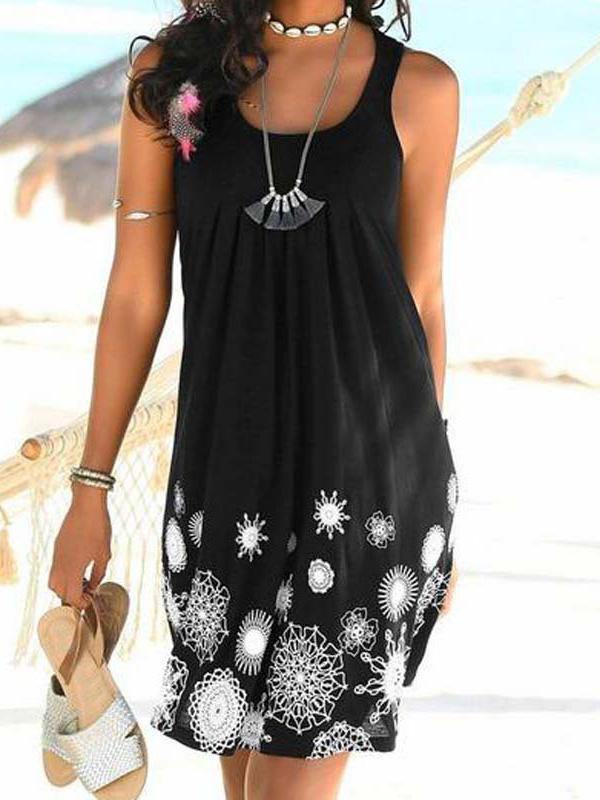 Women's Floral Print Polka Dots Sleeveness Crew-neck Vest Dress Holiday Plus Size - CHALIER