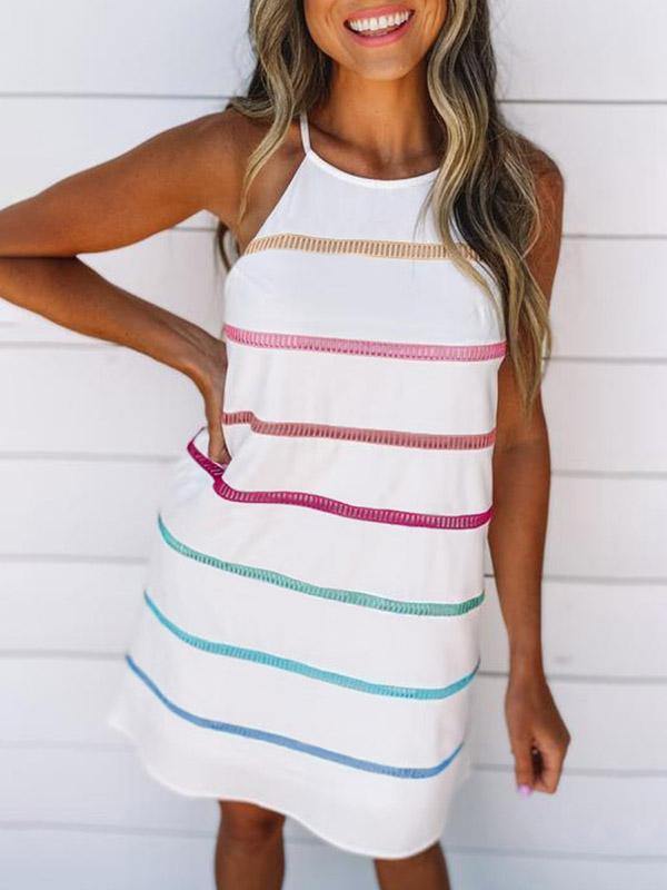 Women's Cotton Casual Rainbow  Pinstripe Midi Slip Dress - CHALIER
