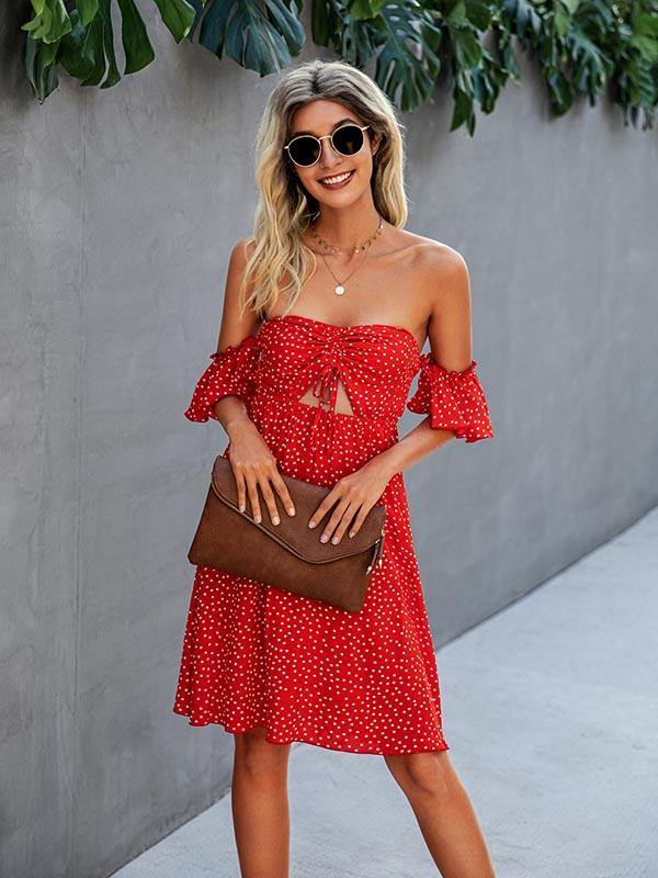 Women's Sexy Strapless Backless Dress Vintage Polka Dots Summer Midi Dress - CHALIER