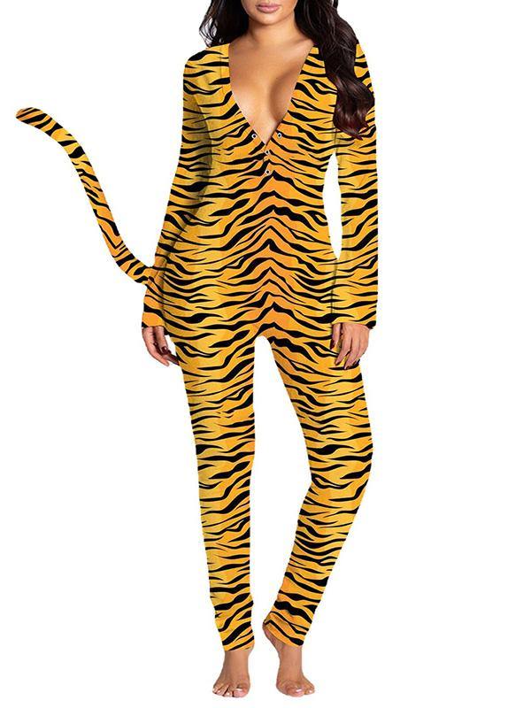 Women's Sexy V-neck Animal PrintS Long-sleeved Tail Jumpsuits - CHALIER