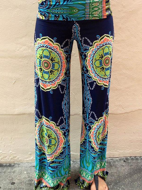 Women's Casual Cotton Floral Print Loose Pants Spring Holiday Home Wide Leg Pants - CHALIER