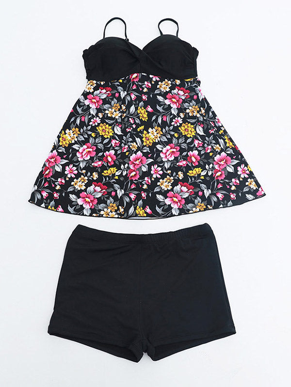 Women's Floral Prints Plus Size Swimsuits Backless Tankini Set