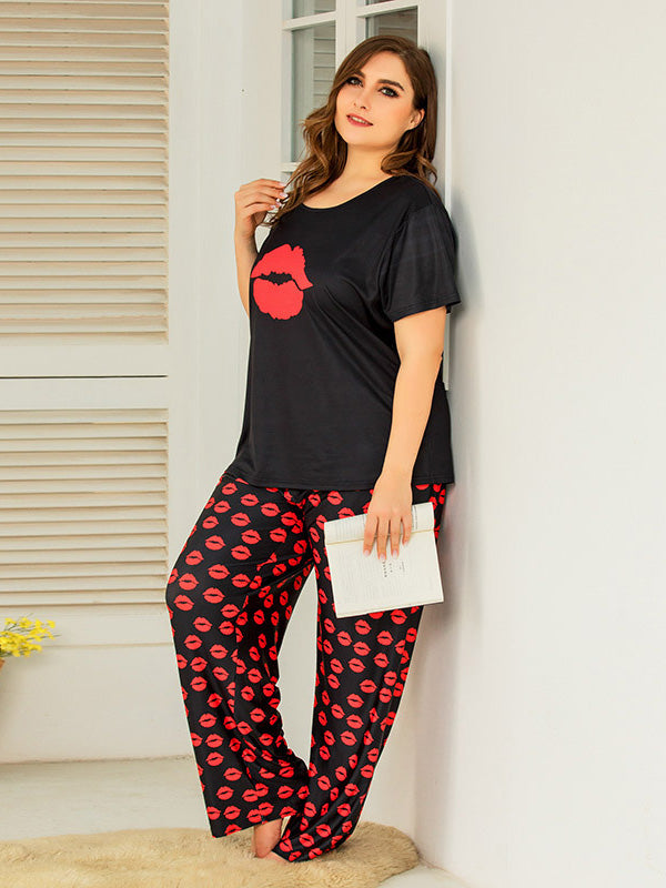 Women's Plus Size Loungewear Cute Red Lips Pajamas Short Sleeve Pants