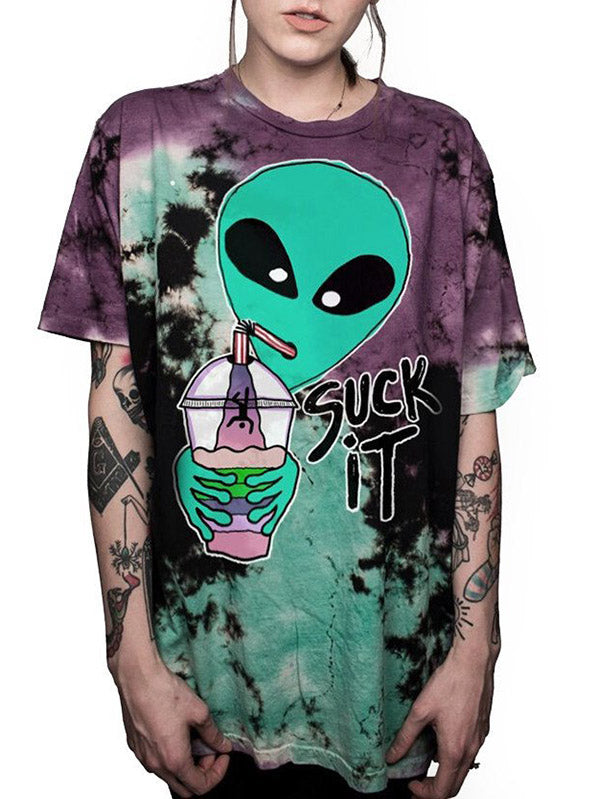 Women's Funny Cartoon Alien Prints Plus Size Tie-dye T-Shirt