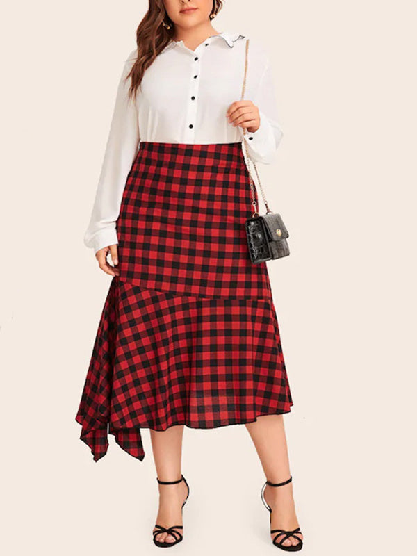 Women's Plus Size Asymmetrical Long Red Plaid Pattern Midi Skirt