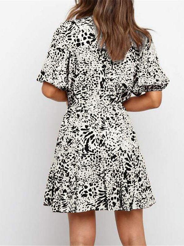 Women's Sexy Printed Deep V-neck Short-sleeved A-line Mini Dress - CHALIER