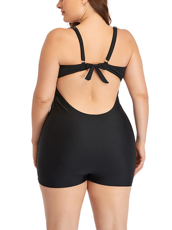 Plus Size Floral Prints Swimsuits Womens One Piece Boxers Lace Up Bikini