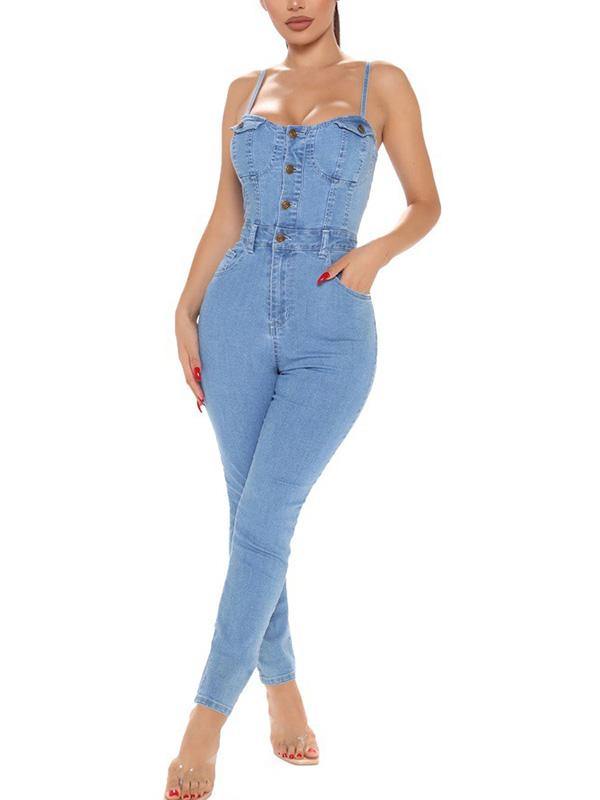 Women's Sexy Casual Tight Denim Sleeveless Gallus Jumpsuit - CHALIER