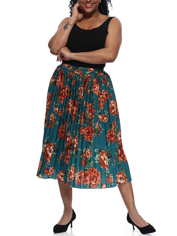Women's Printed Chiffon Pleated Skirt Plus Size Midi Skirts - CHALIER