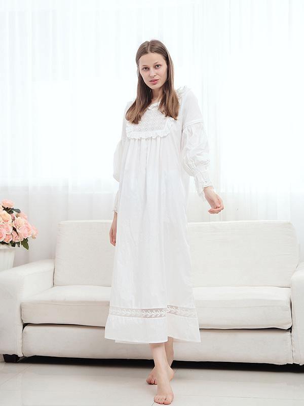 Women's Elegant Vintage Nightdress Cotton Long Sleeve Pyjamas Girls White Dress - CHALIER