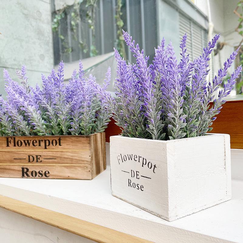Artificial Flower Potted Lavender Plant Purple Silk Floral Arrangements for Home Office Decor with Wooden Tray - CHALIER