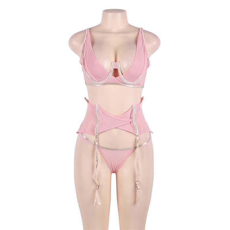 Women's Plus Size Sexy Pink Bra Thigh High Socks Garter Belt Transparent Lingerie Suit - CHALIER