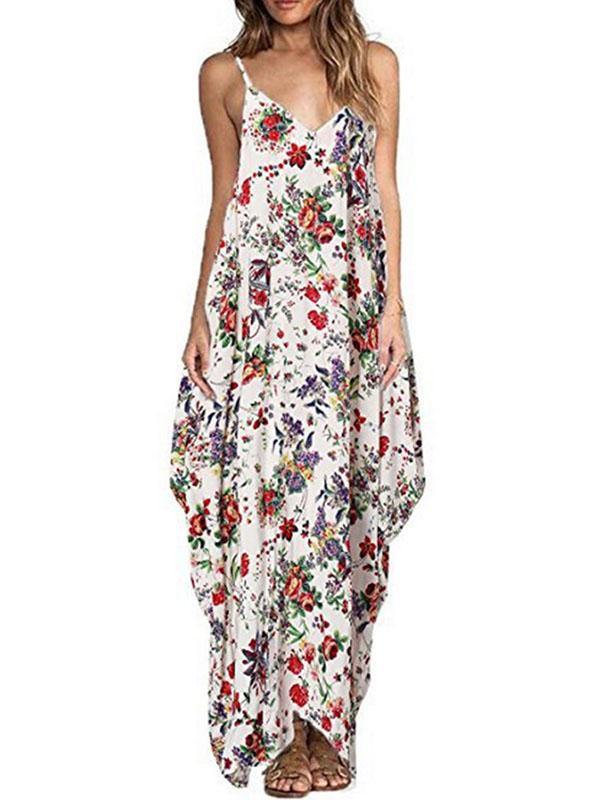Women's Cotton Floral Printed Loose Sleeveless Maxin Slip Dress Plus Size - CHALIER