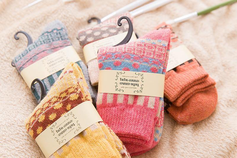 Womens Winter Wool Warm Bohemian Polka Dot Socks 5 Pairs Set - CHALIER