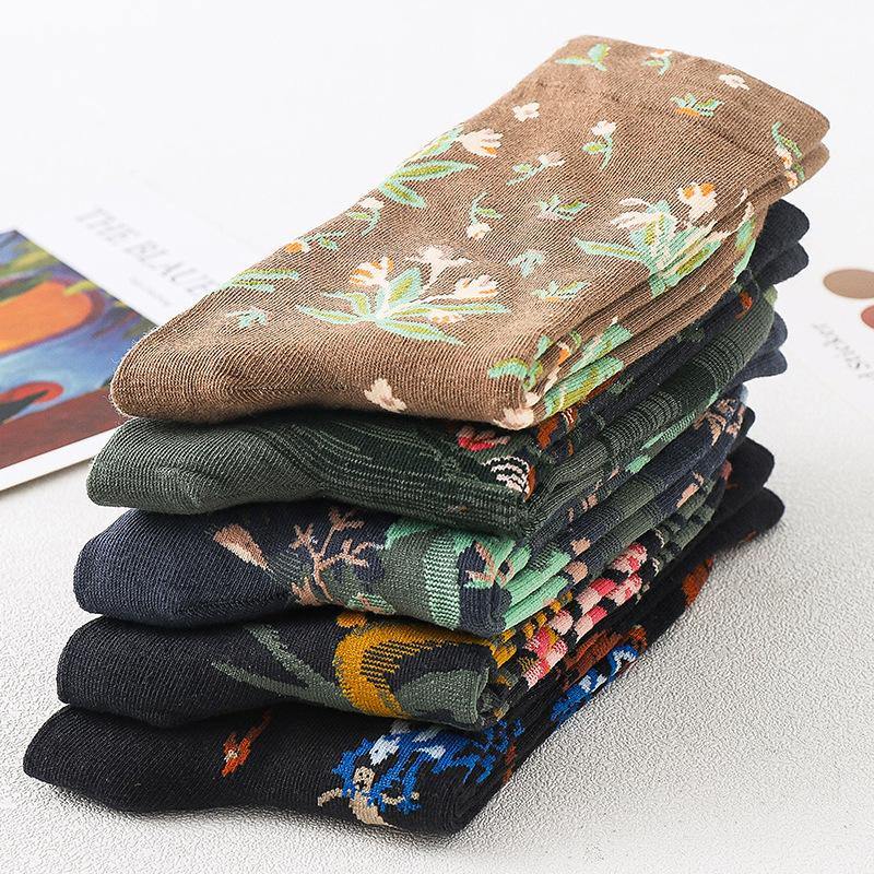 Womens Vintage Ink Wash Painting Crew Socks 5 Pairs - CHALIER