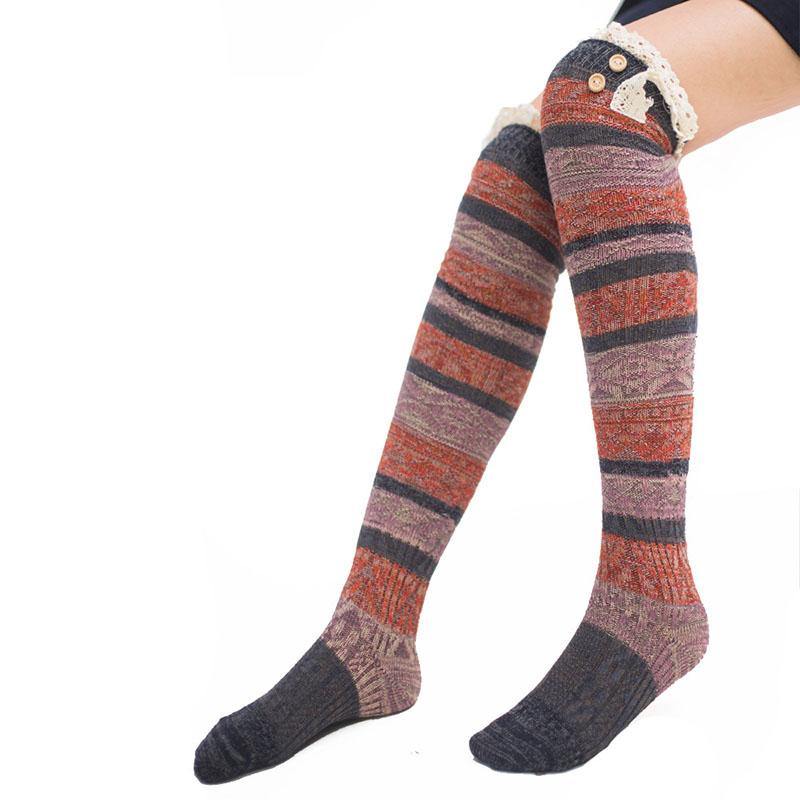 Womens Winter Cozy Knitted Cotton Lace Edge Knee-length Socks Girls Stripes Stockings - CHALIER