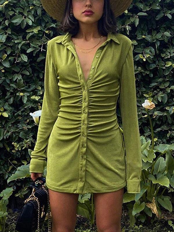 Women's Sexy Pleated Turn-down Collar Lone-sleeve Button Blouse Mini Dress - CHALIER