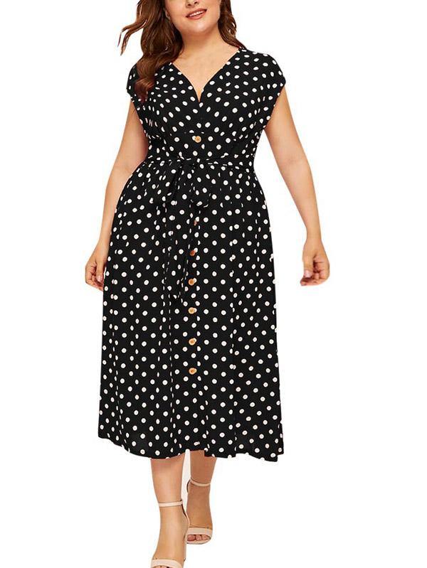 Women's Plus Size V-Neck Polka Dot A-line Dress - CHALIER