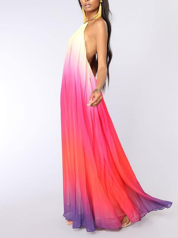 Women's Gradient Chiffon Pleated Maxi Pink Halter Dress Beach Holiday - CHALIER
