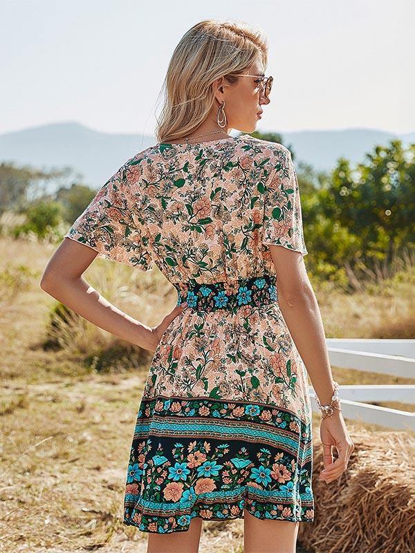 Women's Floral Dress High Waist V-neck Short-sleeved Bohemian Mini A-line Dress - CHALIER