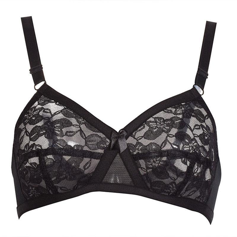 Plus Size Bralette Black Sexy Lace Ultra-thin Comfortable 36DD Full Coverage Bra - CHALIER