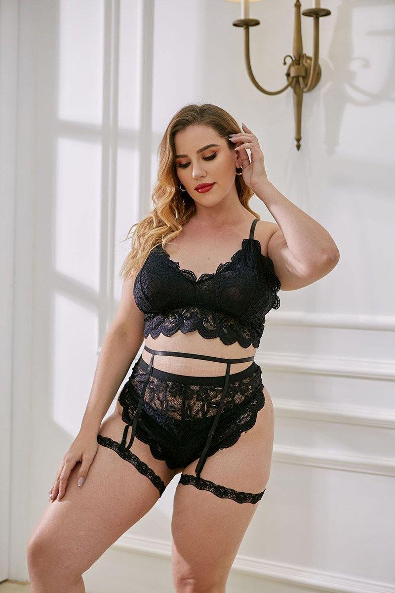 Womens Sexy Lingerie Plus Size Shapewear Black Lace Garters Bra and Panty Soft Cup - CHALIER