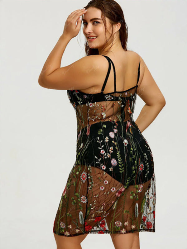 Women's Sexy Lace Plus Size Night Gown Transparent Lingerie Floral Print Sleep Midi Dress